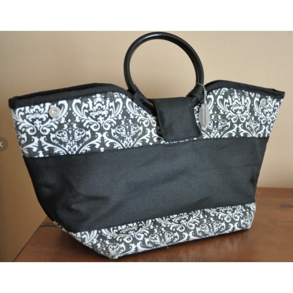 Fit & Fresh Insulated Lunch Bag Damask Print Tote Black White Ring Handle